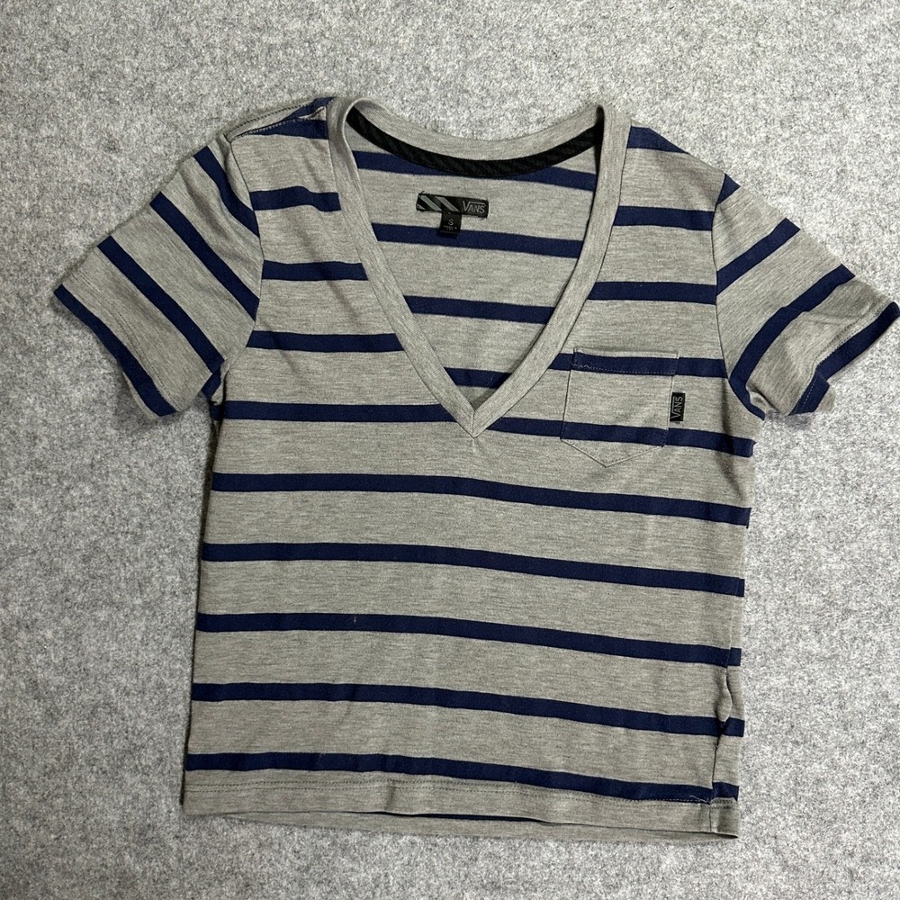 Vans Striped V-Neck‎ T-Shirt Small Grey Blue Pocket Tee Cotton Blend